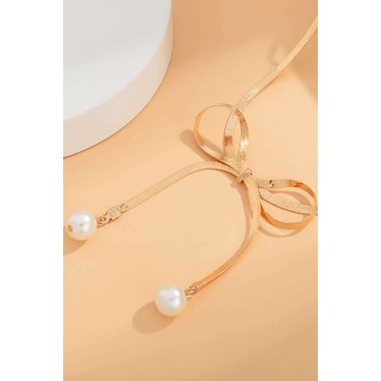 Gold Pearly Bow Collarbone Necklace