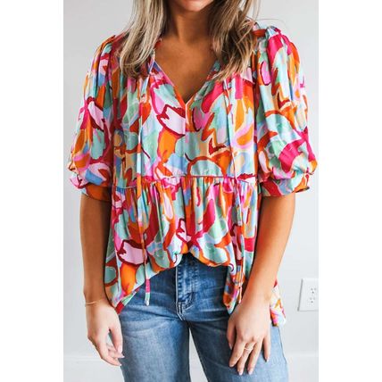 Rose Red Abstract Print Drawstring V Neck Half Sleeve Blouse