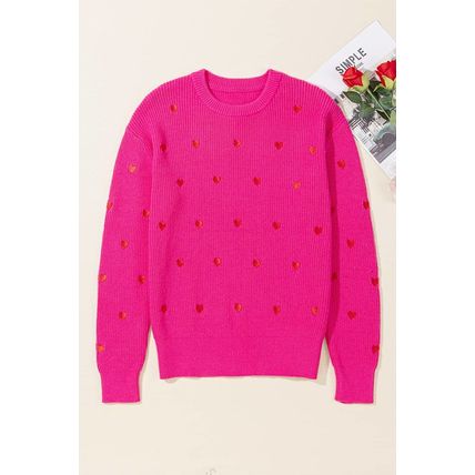Rose Red Heart Shape Drop Shoulder Round Neck Sweater