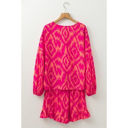 Rose Western Aztec Geometric Print Top and Ruffled Shorts Set
