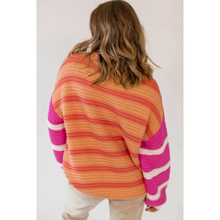 Orange Stripe Colorblock Crew Neck Drop Shoulder Loose Sweater