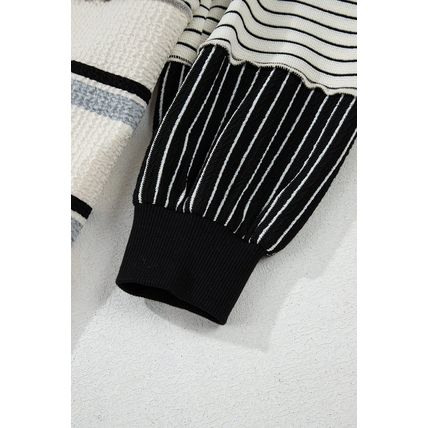 Black Stripe Colorblock Knit Henley Collar Shift Long Sleeve Mini Dress