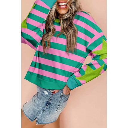 Pink Stripe Star Patchwork Round Neck Pullover Sweatshirt