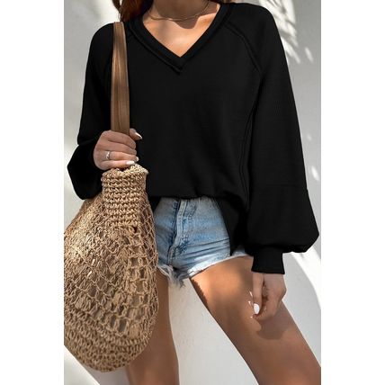 Black Exposed Seam Textured Knit V Neck Pullover Top