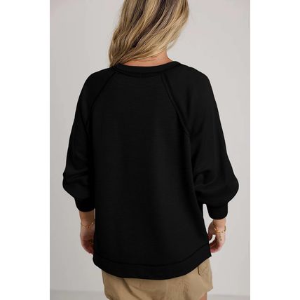 Black Exposed Seam Textured Knit V Neck Pullover Top