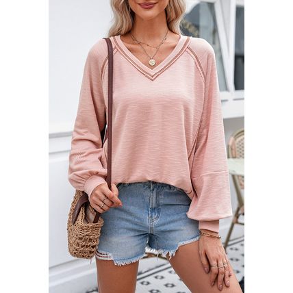 Delicacy Exposed Seam Textured Knit V Neck Pullover Top