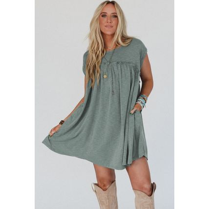 Mist Green Frilled Gathered Seam Round Neck T Shirt Dress