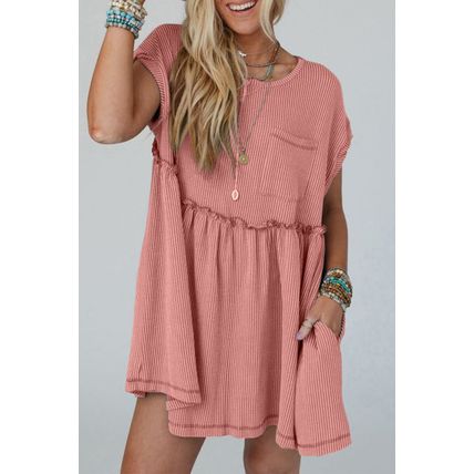 Dusty Pink Corded Knit Textured Patched Pocket Frilled Swing Mini Dress with Poc