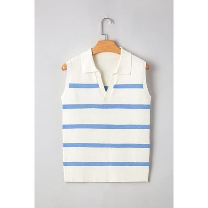 Sky Blue Stripe Split V Neck Collared Ribbed Sweater Vest