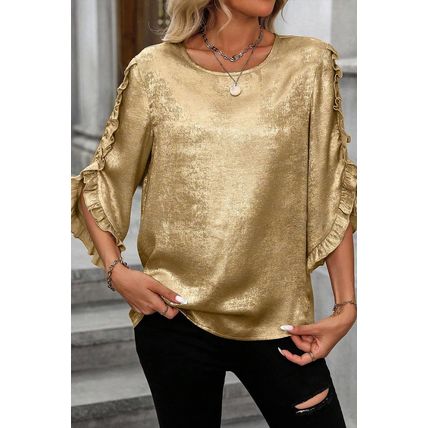 Gold Metallic Luster Frilled Half Sleeve Blouse