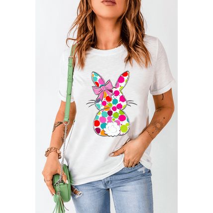 White Polka Dot Bow Rabbit Graphic Crewneck Easter Fashion Tee