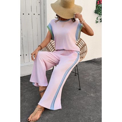Pink Corded Colorblock Patchwork Short Sleeve Top and Loose Pants Set