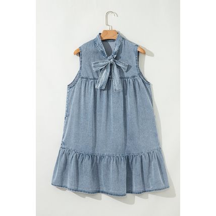 Real Teal Bowknot Neck Sleeveless Ruffled Chambray Dress