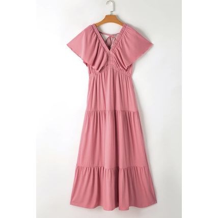 Rose Pink Textured V Neck Flutter Sleeve Ruffled Maxi Dress