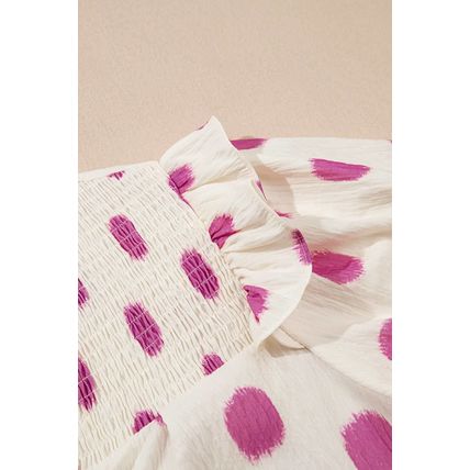 Rose Polka Dot Print Shirred Yoke Notched Neck Balloon Sleeve Blouse