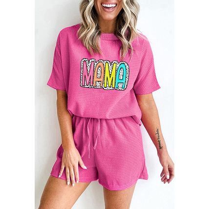 Rose Red MAMA Cheetah Frame Graphic Waffle Knit Short Set