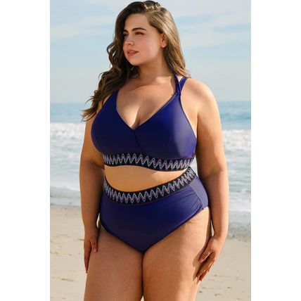 Navy Blue Embroidered Trim Wrap Tie Knot Plus Size High Waisted Bikini