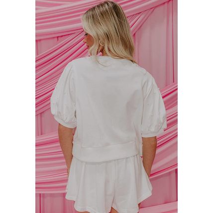 White Contrast Bow Trim Pearl Puff Sleeve Blouse and Skort 2pcs Set