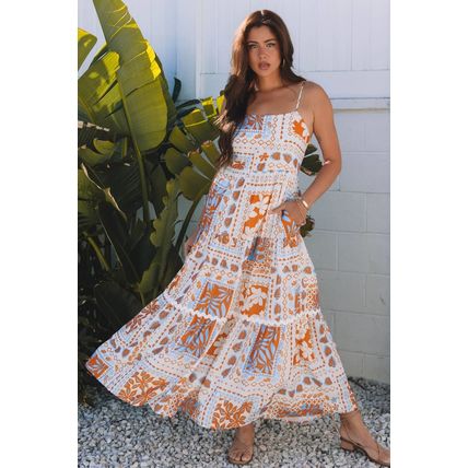 Orange Multi Printed Ricrac Trim Spaghetti Straps Maxi Dress