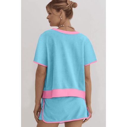Turquoise MAMA Bow Patched Graphic Contrast Trim Tee and Mini Skirt Set