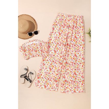 Pink Boho Floral Bandeau Top and High Waist Wide Leg Pants Set