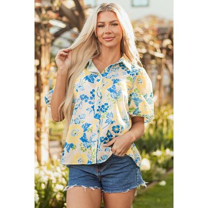 Blue Floral Striped Mixed Print Puff Short Sleeve Blouse