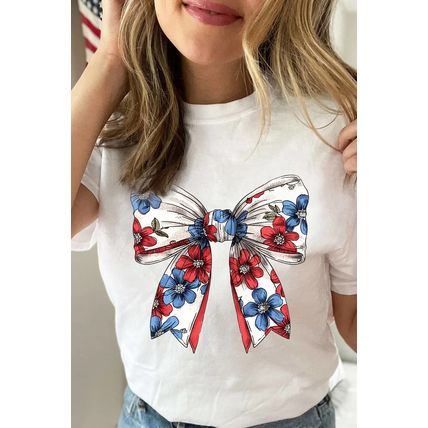 White July 4th Flower Bowknot Print Crew Neck T Shirt