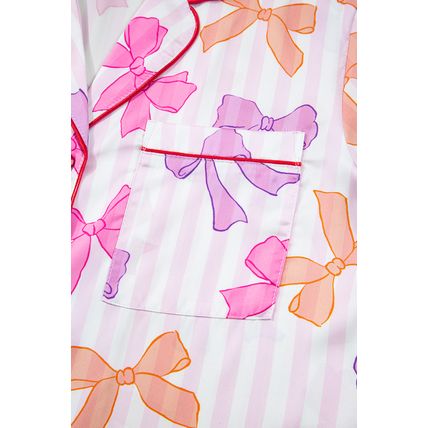 Pink Striped Bow Print Contrast Piping Trim Shirt and Pants 2pcs Pajama Set