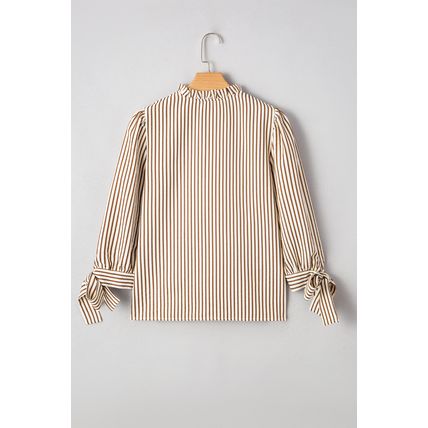 Straw Yellow Striped Print Tied Cuffs Split Neck Seersucker Blouse