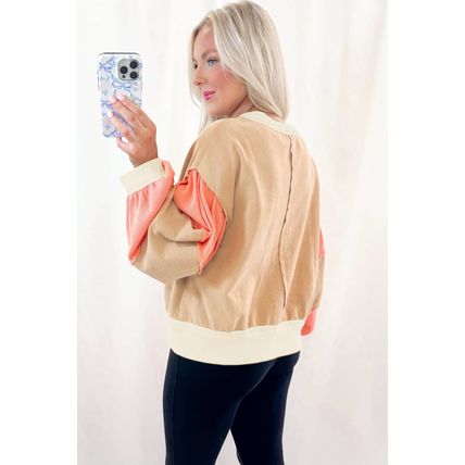 Light French Beige Color Block Textured Patchwork Pullover Sweatshirt