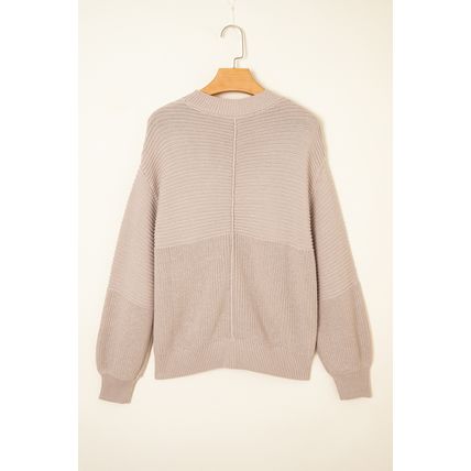 Parchment Mixed Texture Patchwork Knitted Puff Sleeve Sweater