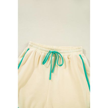 White Contrast Trim Colorblock Long Sleeve Pullover and Drawstring Shorts 2pcs O