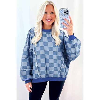 Sky Blue Checkerboard Splicing Raw Detail Oversized Denim Pullover