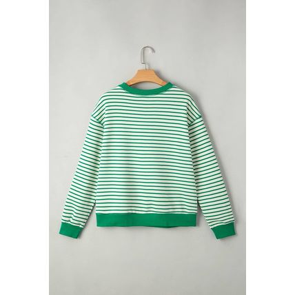 Bright Green Striped Exposed Seam Patchwork Loose Pullover Top