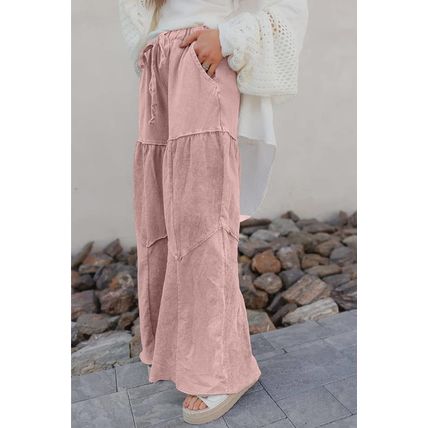 Straw Yellow Mineral Wash Tiered Wide Leg Patchwork Drawstring Pants