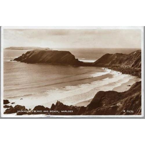 Marloes, Pembrokeshire - Beach & Skokholm Island - RP postcard 1957 pmk