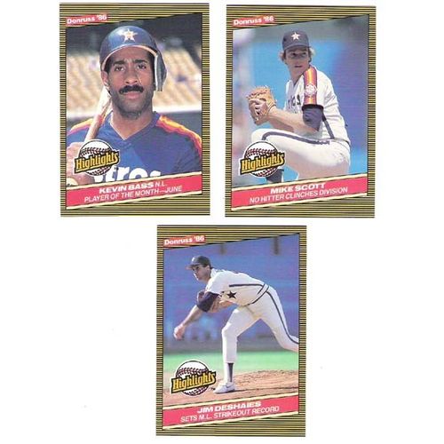 Three 1986 Donruss Highlights Astros baseball cards – Scott, Bass, Deshaies