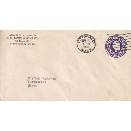 United States 1933 E.D.Jones & Sons Co.Pittsfield MASS-Worcester MASS Cover VGC