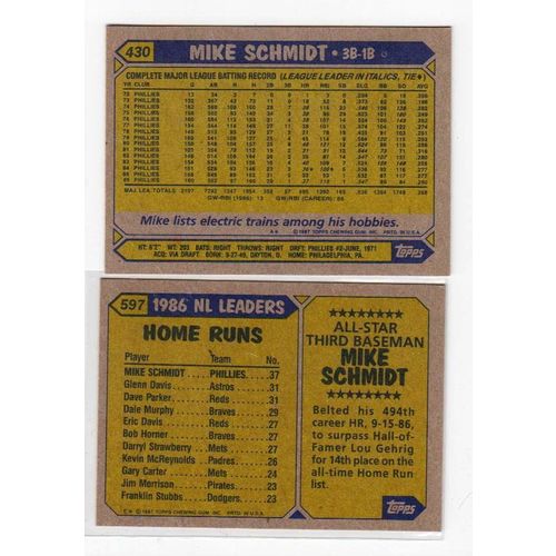 Lot of Two 1987 Topps Mike Schmidt cards- #430, #597 - HOF- Phillies