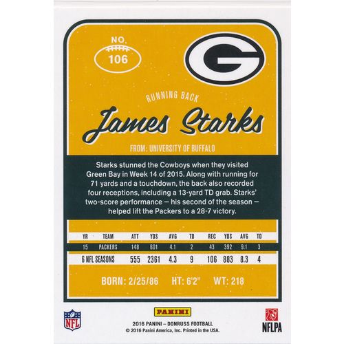 2016 Donruss Football 106 James Starks Green Bay Packers