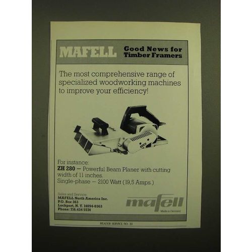 1988 Mafell ZH 280 Beam Planer Ad - Good News for Timber Framers