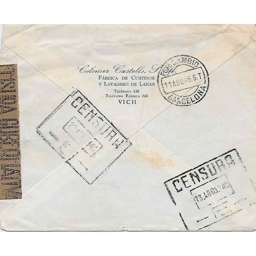 Spain Air Mail Combo Vich to NY USA Double Censor, Civil War 1945