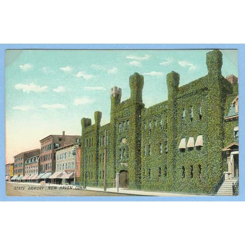 CT New Haven State Armory Street Scene w/Ivy Covered Building And Other Ol~580