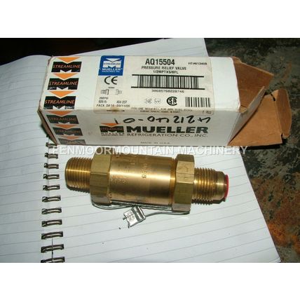 Pressure relief valve. Mueller AQ15504 1/2" MPT x 5/8 FL 200 Psi release