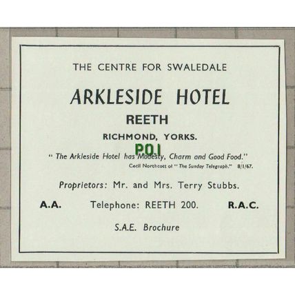 (C581) Arkleside Hotel Reeth Richmond Yorkshire Terry Stubbs - c.1960s Cutting