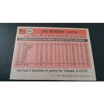 1981 Topps Card # 243 Sal Butera Very Good-Excellent (4) Minnesota Twins