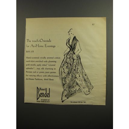 1952 Henri Bendel Dress Ad - The touch - Orientale for at-home evenings