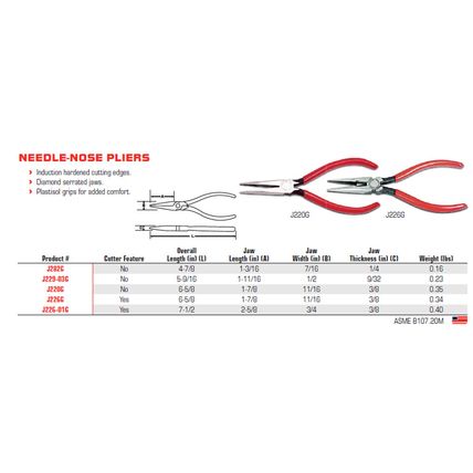 Proto J226-01G - Needle-Nose Pliers w/Side Cutter- 7-1/2" USA