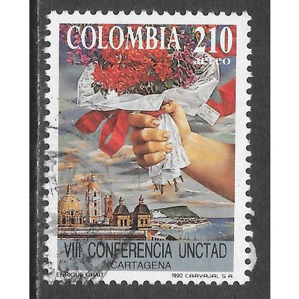 COLOMBIA 1992 210 8th CONFERENCE UNCTAD RED RIBBON FLOWERS BOUQUET HAND USED