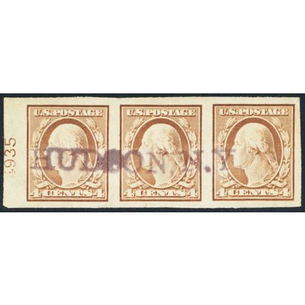 346, Used 4¢ XF Strip of Three Stamps With PL# * Stuart Katz